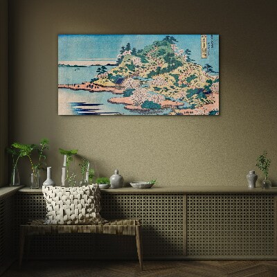 Mountain landscape with flowering trees Glass Wall Art