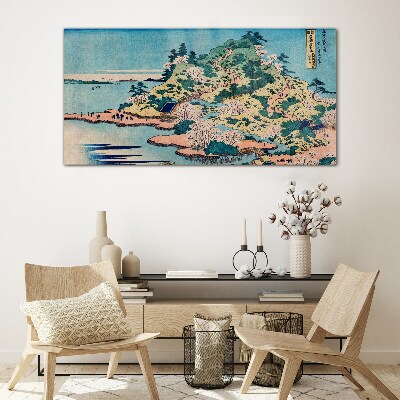 Mountain landscape with flowering trees Glass Wall Art
