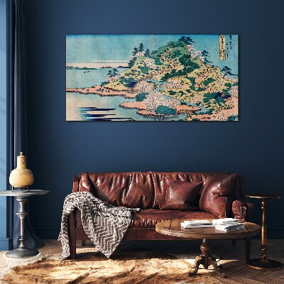 Mountain landscape with flowering trees Glass Wall Art