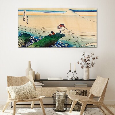 Fishermen by the Shore Glass Wall Art