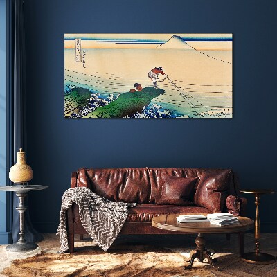Fishermen by the Shore Glass Wall Art