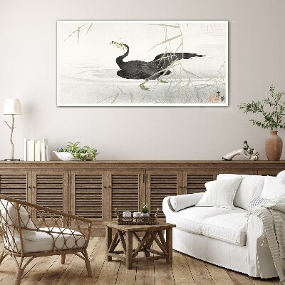 Black cormorant among the reeds Glass Wall Art