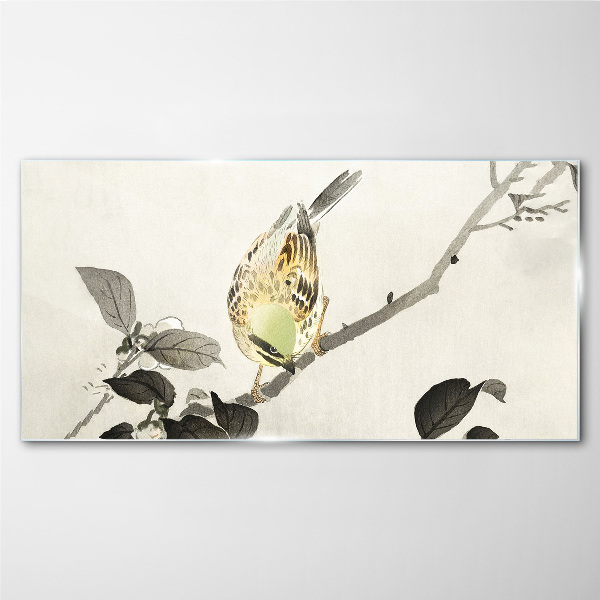 Golden bird on a branch Glass Wall Art