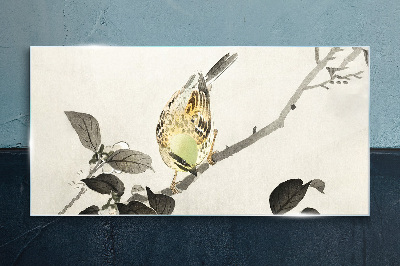 Golden bird on a branch Glass Wall Art