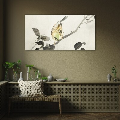 Golden bird on a branch Glass Wall Art