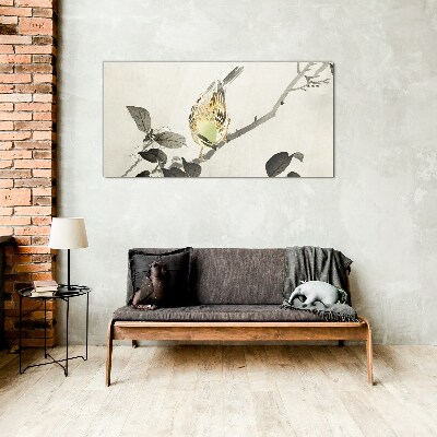 Golden bird on a branch Glass Wall Art