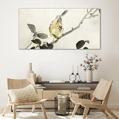 Golden bird on a branch Glass Wall Art