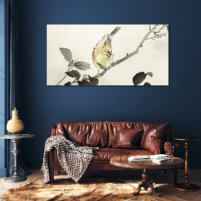 Golden bird on a branch Glass Wall Art