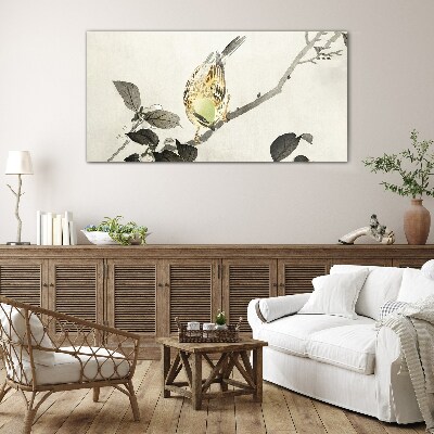 Golden bird on a branch Glass Wall Art