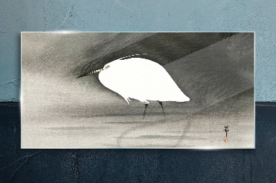 White heron in the fog Glass Wall Art