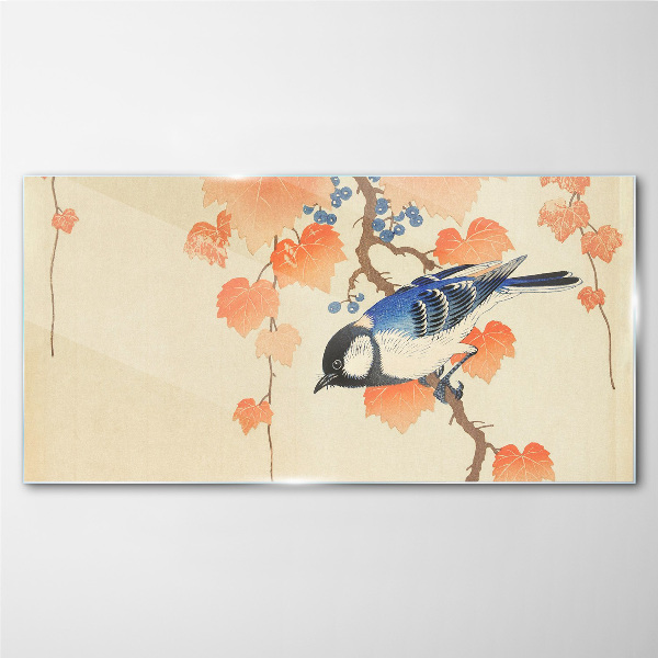 Bird on a vine background Glass Wall Art