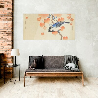 Bird on a vine background Glass Wall Art