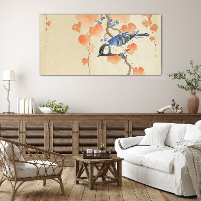 Bird on a vine background Glass Wall Art