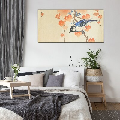 Bird on a vine background Glass Wall Art