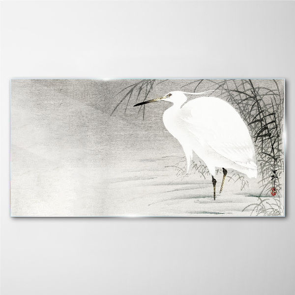 White crane in a misty landscape Glass Wall Art
