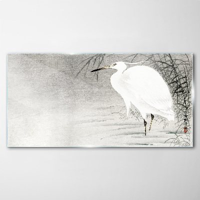 White crane in a misty landscape Glass Wall Art
