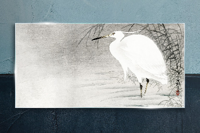 White crane in a misty landscape Glass Wall Art