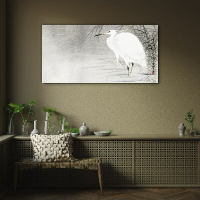 White crane in a misty landscape Glass Wall Art