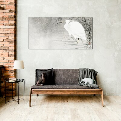 White crane in a misty landscape Glass Wall Art