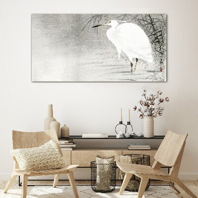 White crane in a misty landscape Glass Wall Art