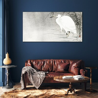 White crane in a misty landscape Glass Wall Art