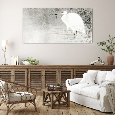 White crane in a misty landscape Glass Wall Art