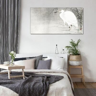 White crane in a misty landscape Glass Wall Art