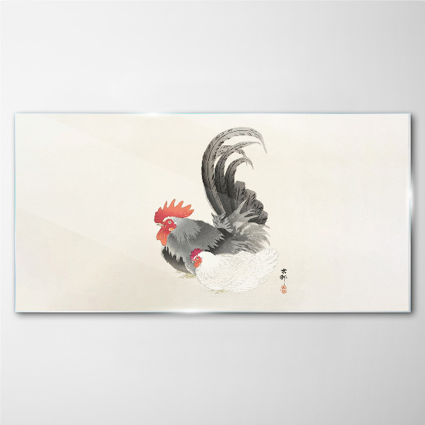 Rooster and hen in Japanese style Glass Wall Art