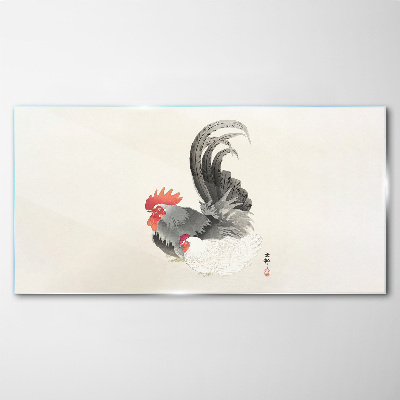 Rooster and hen in Japanese style Glass Wall Art