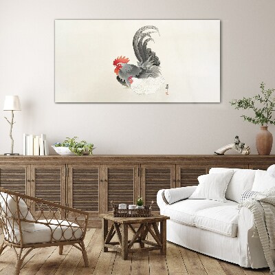 Rooster and hen in Japanese style Glass Wall Art
