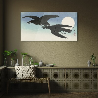 Black crows in flight Glass Wall Art