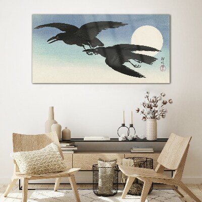 Black crows in flight Glass Wall Art