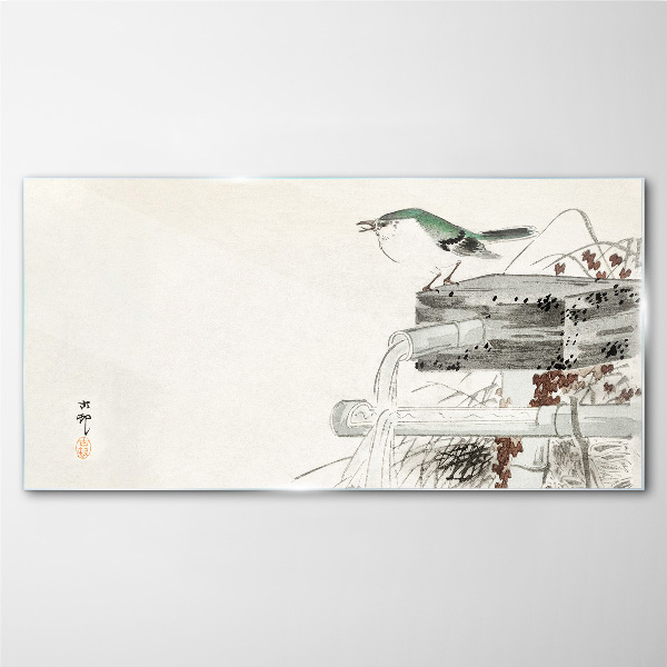A bird in front of a Japanese landscape Glass Wall Art