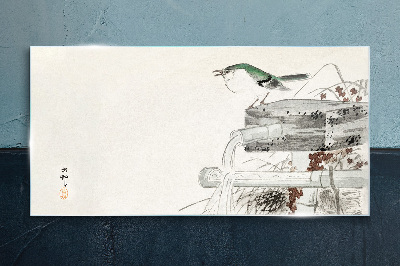 A bird in front of a Japanese landscape Glass Wall Art