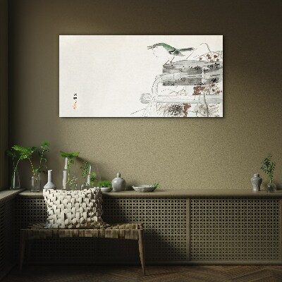 A bird in front of a Japanese landscape Glass Wall Art