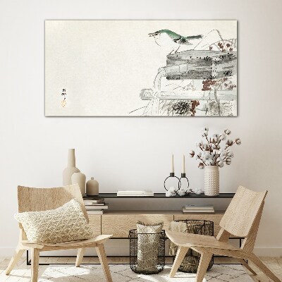 A bird in front of a Japanese landscape Glass Wall Art