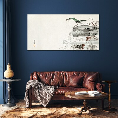 A bird in front of a Japanese landscape Glass Wall Art