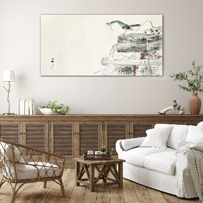 A bird in front of a Japanese landscape Glass Wall Art