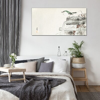 A bird in front of a Japanese landscape Glass Wall Art