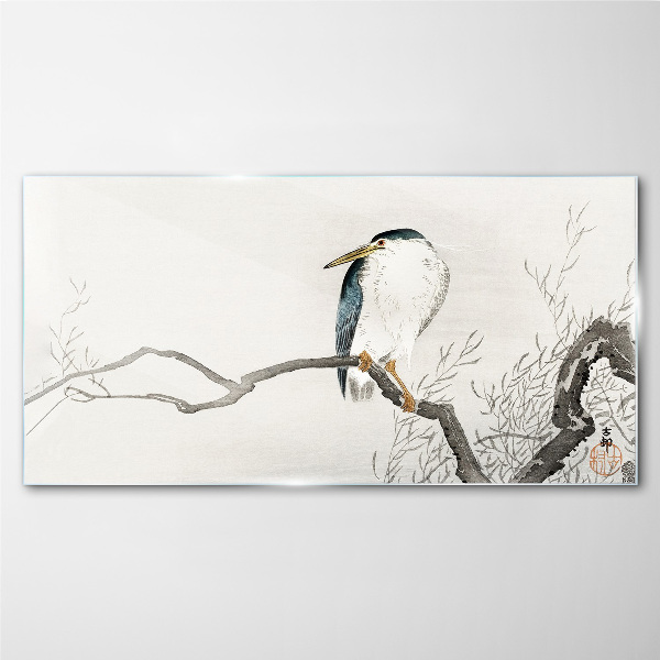 A bird on a branch in a delicate landscape Glass Wall Art