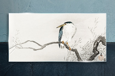 A bird on a branch in a delicate landscape Glass Wall Art