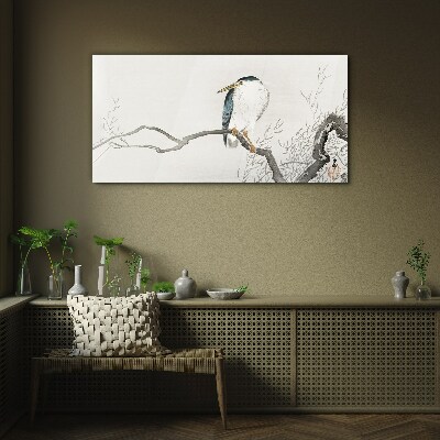 A bird on a branch in a delicate landscape Glass Wall Art