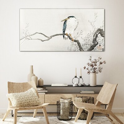 A bird on a branch in a delicate landscape Glass Wall Art
