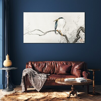 A bird on a branch in a delicate landscape Glass Wall Art