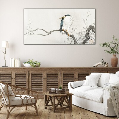 A bird on a branch in a delicate landscape Glass Wall Art