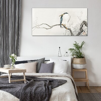 A bird on a branch in a delicate landscape Glass Wall Art