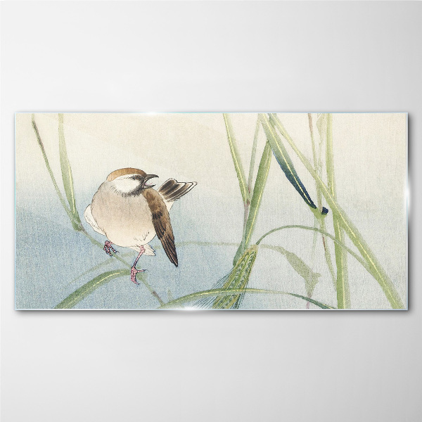 A titmouse against the grass Glass Wall Art