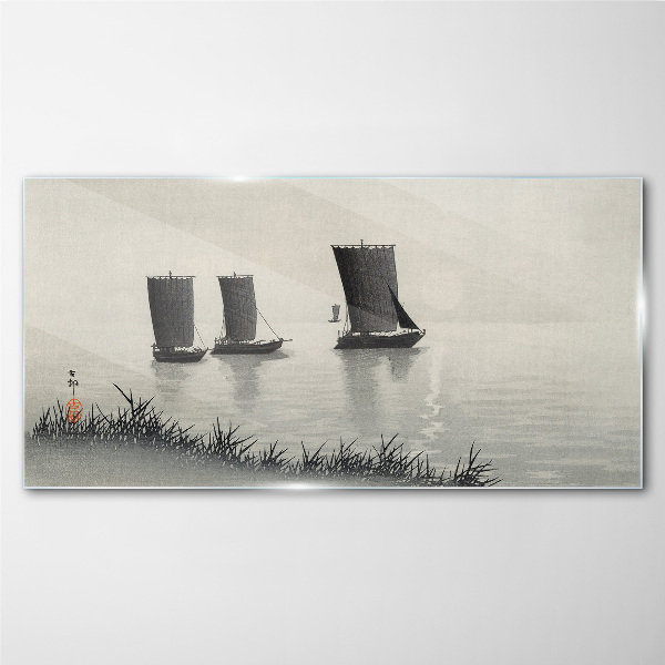 Water sky sea ships Glass Wall Art