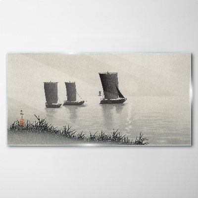 Water sky sea ships Glass Wall Art