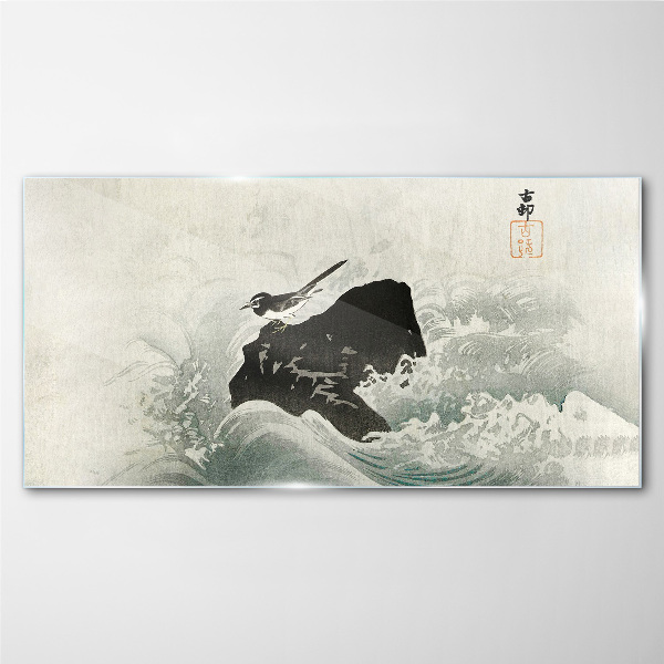 A bird on a rock in the waves Glass Wall Art